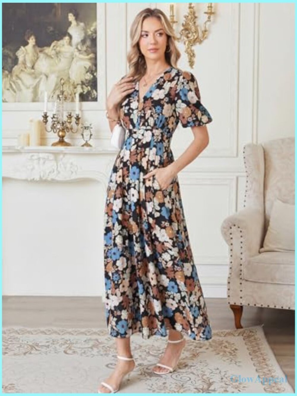Floral A-Line Puff Sleeve Maxi Dress for Weddings & Parties - Picture 5 of 7